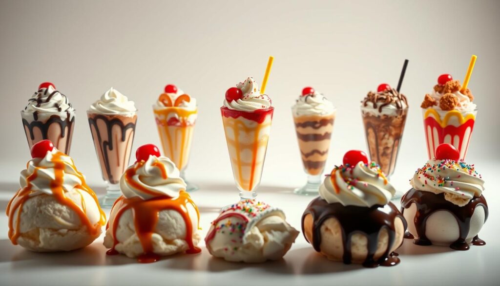 A visually enticing display of McDonald's sundae varieties against a softly lit, minimalist backdrop. In the foreground, an array of colorful scoops of ice cream in flavors like vanilla, chocolate, and strawberry, drizzled with rich sauces and topped with whipped cream, sprinkles, and maraschino cherries. The middle ground showcases tall, clear sundae glasses filled with layered toppings, creating a tantalizing depth of texture and flavor. The background features a clean, white surface, allowing the sundaes to take center stage and exude an air of indulgence and sophistication. Subtle ambient lighting casts a warm, inviting glow, heightening the appeal of these decadent McDonald's treats.