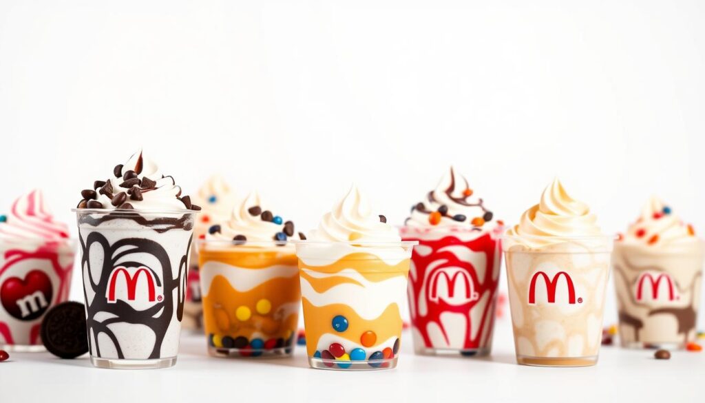 A visually striking array of McDonald's McFlurry desserts, showcasing the iconic flavors and varieties. In the foreground, an assortment of McFlurry cups, each featuring a different flavor like Oreo, M&M's, and Reese's Peanut Butter Cup, artfully arranged against a crisp, white background. The middle ground features a shallow depth of field, highlighting the creamy, swirled texture and the vibrant toppings that make each McFlurry uniquely delicious. The background is softly blurred, creating a sense of depth and emphasis on the McFlurry treats. The lighting is soft and diffused, accentuating the inviting, indulgent nature of these beloved McDonald's desserts.