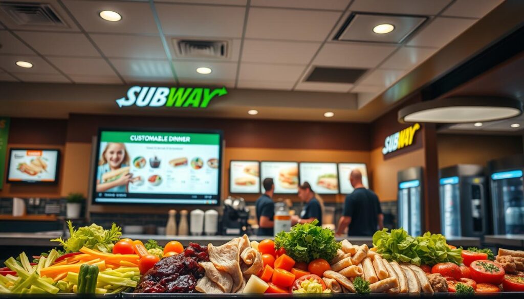 A well-lit and inviting Subway restaurant interior, showcasing a customizable dinner menu displayed on a sleek digital screen. The foreground features an array of fresh ingredients - crisp vegetables, succulent meats, and tantalizing sauces, arranged in an enticing manner. In the middle ground, customers are seen personalized their meal choices, creating their perfect Subway dinner combination. The background captures the warm, welcoming ambiance of the restaurant, with modern lighting fixtures and tasteful decor elements. The overall scene conveys a sense of quality, freshness, and the ability to tailor one's dining experience to individual preferences.