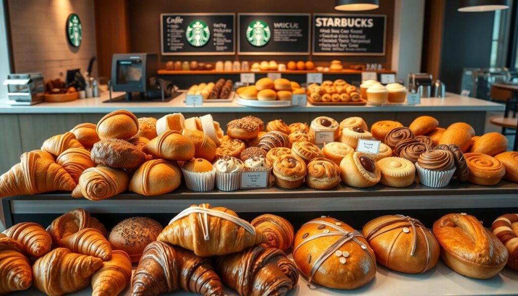 A well-lit and neatly arranged display of Starbucks' tempting pastry selection. In the foreground, an assortment of flaky croissants, moist muffins, and delicate danishes, each showcasing its unique texture and golden-brown hue. The middle ground features a variety of sweet treats, such as buttery scones, rich cinnamon rolls, and fluffy coffee cakes, all artfully presented. The background depicts the clean, modern aesthetic of a Starbucks cafe, with sleek countertops and a warm, inviting ambiance. The lighting is soft and natural, creating a cozy and appetizing atmosphere that entices the viewer to indulge in the bakery's delectable offerings.