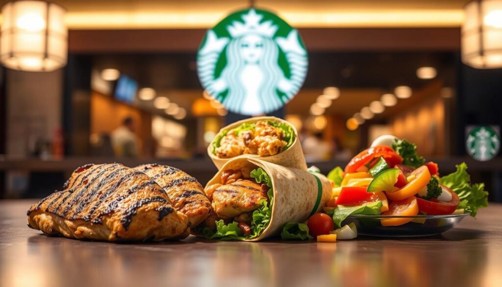 A well-lit cafe setting, the Starbucks logo prominently displayed. In the foreground, an array of grilled chicken menu items arranged artfully - a juicy chicken breast, a flavorful wrap, and a crisp salad with vibrant toppings. The lighting casts a warm, appetizing glow, highlighting the fresh ingredients and inviting textures. In the background, a blurred view of the Starbucks interior, suggesting a cozy, inviting atmosphere. The overall composition conveys a sense of quality, health, and culinary delight, perfectly reflecting the "Starbucks Grilled Chicken Menu Overview."