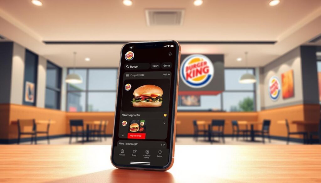 A well-lit, detailed illustration of the Burger King mobile app's ordering features. The foreground depicts a smartphone screen displaying the app's user interface, showcasing options for customizing and placing a burger order. The middle ground features a close-up view of the app's various menu sections, navigation elements, and payment options. The background sets the scene with a modern, minimalist Burger King restaurant interior, complete with clean lines, warm lighting, and subtle branding. The overall composition conveys the convenience, simplicity, and seamless integration of the mobile ordering experience.