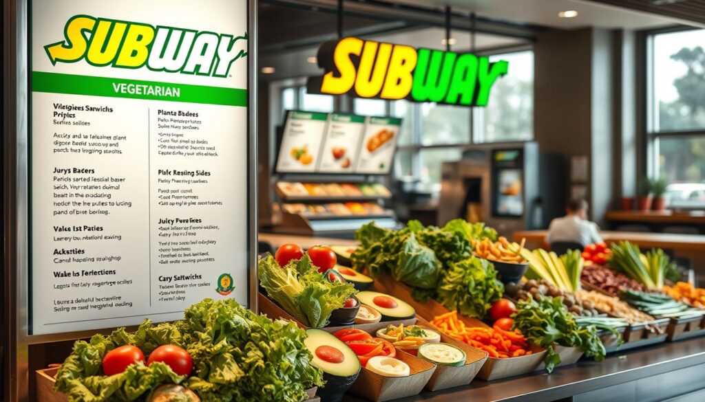 A well-lit, high-quality photograph of a Subway restaurant's vegetarian menu display, showcasing an array of fresh, vibrant produce-based options. The foreground features a clean, minimalist menu board with clear, appetizing descriptions of the various plant-based sandwiches, salads, and sides. The middle ground depicts neatly arranged ingredients like crisp lettuce, juicy tomatoes, creamy avocado, and crunchy vegetables, reflecting the restaurant's commitment to wholesome, flavorful vegetarian fare. The background provides a glimpse of the clean, modern Subway interior, with natural lighting streaming in through large windows, creating a welcoming, health-conscious ambiance.