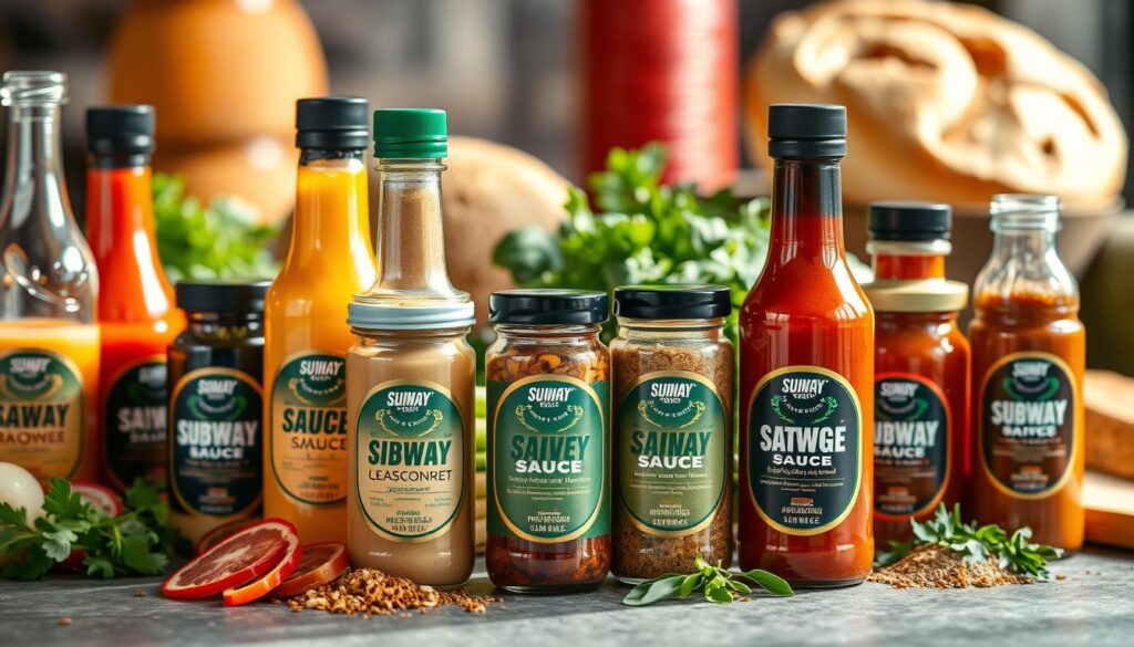 A well-lit, high-resolution close-up photograph of an assortment of Subway's new signature sauces and seasonings. The foreground features an array of glass bottles, jars, and shakers filled with various condiments and spices in vibrant hues. The bottles are arranged in an elegant, symmetrical composition, their labels prominently displayed. The middle ground includes fresh ingredients like herbs, vegetables, and freshly baked bread, creating a sense of culinary freshness. The background is softly blurred, emphasizing the main subject. Warm, natural lighting casts gentle shadows, highlighting the textures and reflections of the glass containers. The overall mood is one of quality, care, and attention to detail, reflecting Subway's new, flavor-packed offerings.