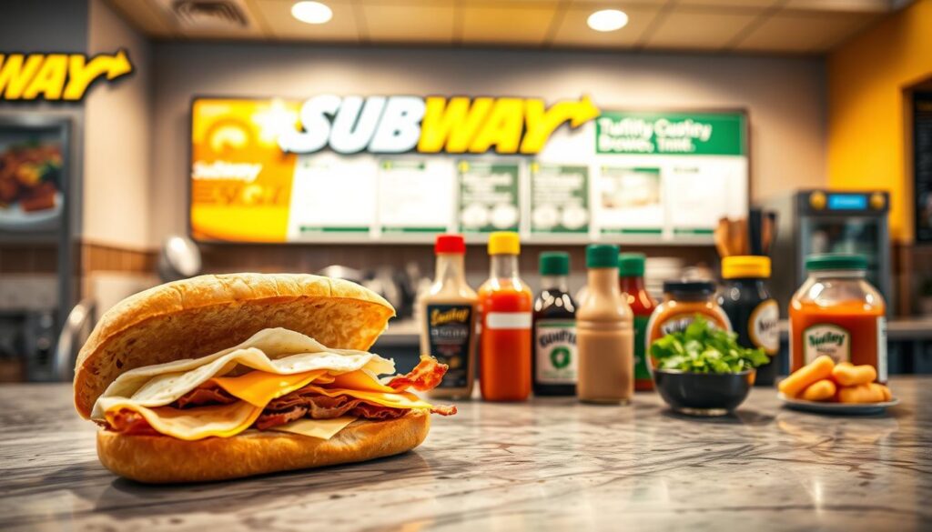 A well-lit, high-resolution image of a Subway countertop showcasing an array of breakfast sandwich customization options. In the foreground, an open-faced sandwich bun displays a selection of fresh ingredients including eggs, cheese, sausage, bacon, and vegetables. In the middle ground, various condiments, sauces, and toppings are arranged neatly, inviting the viewer to customize their sandwich. The background features the signature Subway branding and signage, establishing the setting. The lighting is warm and natural, capturing the inviting atmosphere of a Subway restaurant in the morning. The camera angle is slightly elevated, providing an appealing, appetizing perspective of the customization options.
