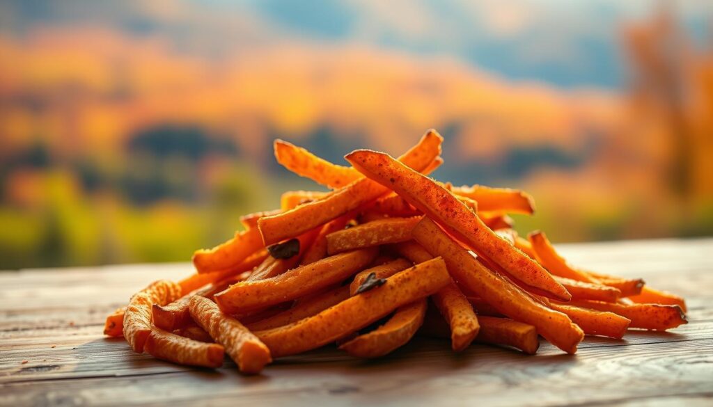 Delectable seasonal sweet potato fries from Starbucks, freshly fried to a golden crisp and sprinkled with a blend of fragrant spices. The fries are arranged on a wooden surface, bathed in warm, diffused lighting that highlights their rustic, homemade appeal. In the background, a blurred autumn landscape sets the scene, with hints of changing foliage peeking through. The overall mood is cozy, inviting, and captures the comforting essence of Starbucks' seasonal menu offerings.