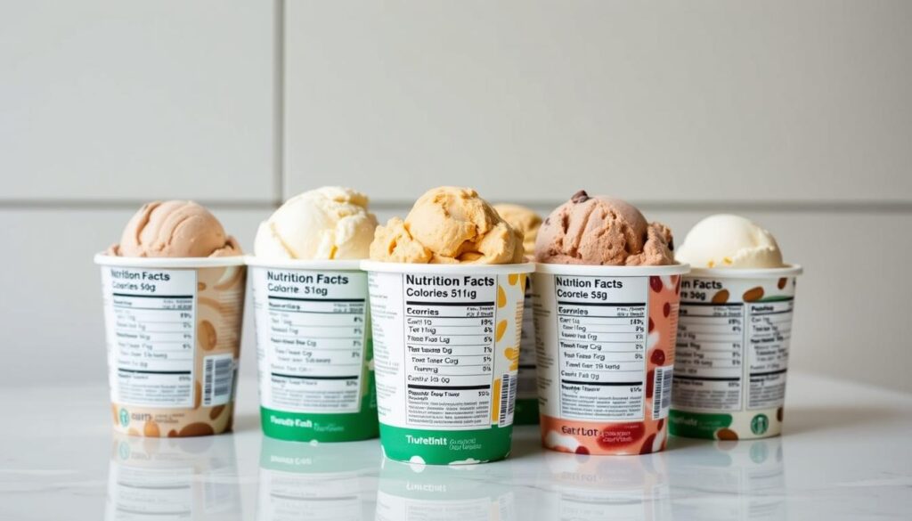Detailed nutrition facts for an assortment of Starbucks ice cream flavors, displayed on a sleek, modern table with a clean, minimalist background. The labels showcase the key nutritional information such as calories, fat, sugar, and protein content in a clear, easy-to-read format. The ice cream scoops are artfully arranged, showcasing the rich, creamy textures and vibrant colors of the various flavors. The lighting is soft and even, highlighting the clarity of the information while maintaining a pleasant, appetizing atmosphere. The overall composition conveys a sense of professionalism and transparency, aligning with the section's focus on dietary considerations.