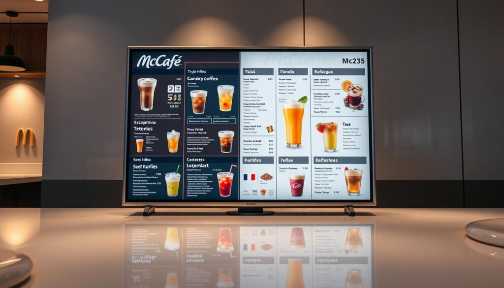 Elegant and modern McCafé beverage menu presented on a stylish digital display. Vibrant colors, sleek typography, and high-resolution images showcase an array of specialty coffee drinks, teas, and refreshers. The menu is arranged in a clean, minimalist layout with a focus on product photography. Soft lighting creates a warm, inviting atmosphere, while a subtle reflection on the surface adds depth and dimension. The overall design is both visually appealing and highly informative, reflecting the premium quality and trendy aesthetic of the McCafé brand in the year 2025.