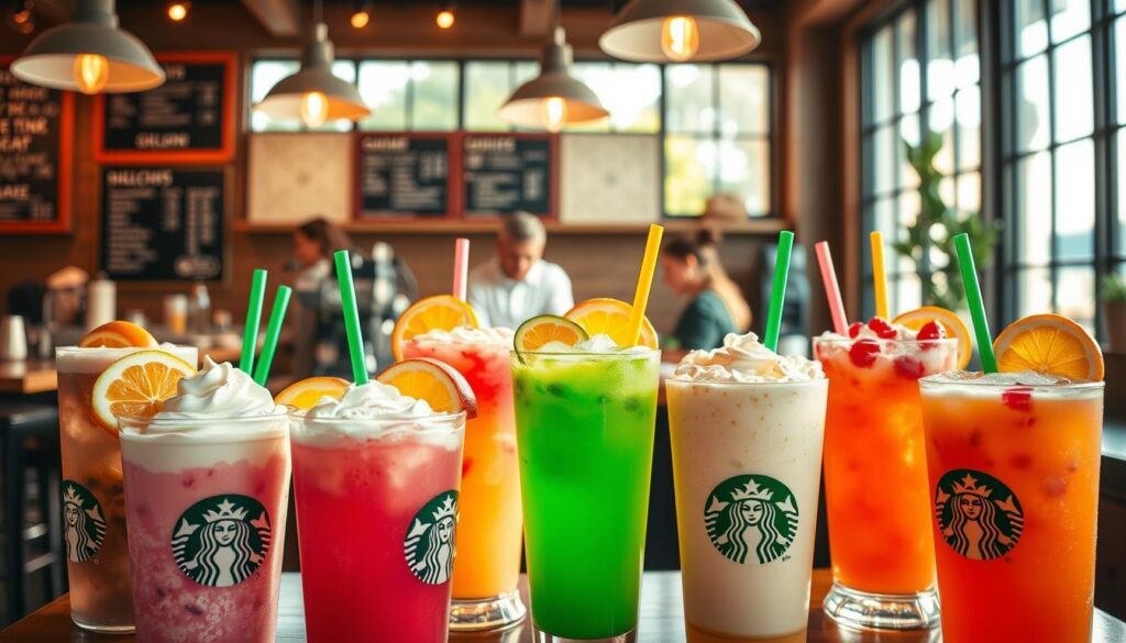 Starbucks Seasonal Summer Beverages: An array of vibrant, refreshing drinks set against a warm, sunlit cafe backdrop. In the foreground, icy cold cups filled with creamy, fruity concoctions garnished with fresh citrus slices and colorful straws. In the middle ground, baristas expertly crafting the beverages with precision, surrounded by the warm glow of pendant lighting. In the background, a cozy Starbucks interior with wooden accents, chalkboard menus, and a hint of greenery peeking through large windows. The overall scene evokes a sense of summer relaxation and indulgence, perfectly capturing the essence of Starbucks' seasonal late night beverage offerings.