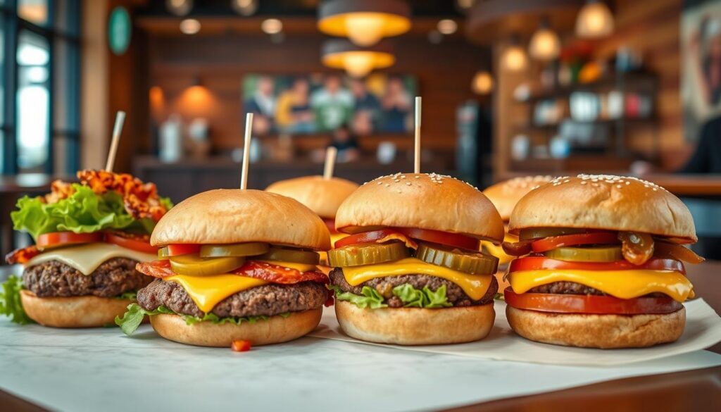 Starbucks seasonal burger menu specials, featuring an array of delectable creations. In the foreground, a selection of juicy burgers adorned with vibrant toppings, from savory bacon to tangy pickles, nestled between fluffy brioche buns. The middle ground showcases fresh seasonal ingredients, including crisp lettuce, ripe tomatoes, and zesty condiments. In the background, a warm, inviting Starbucks cafe setting, complete with wooden accents and a cozy ambiance, sets the stage for these limited-time culinary delights. Soft, directional lighting accentuates the mouthwatering textures and vibrant colors, creating an appetizing and visually stunning scene.