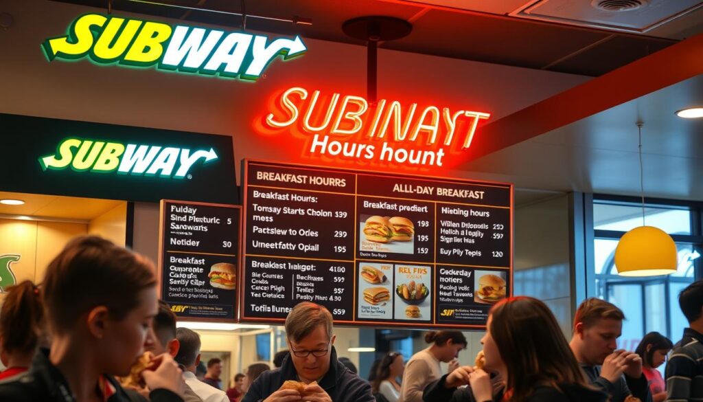 Subway Breakfast Hours and Availability Vibrant neon sign illuminating a bustling Subway restaurant interior, showcasing an elegantly designed menu board with clear, legible details on breakfast offerings and hours. Warm, inviting lighting casts a cozy glow, complemented by sleek, modern decor and clean lines. Customers in the foreground are enjoying their freshly prepared breakfast sandwiches, exuding a sense of satisfaction. The scene captures the convenience and appeal of Subway's all-day breakfast options, enticing the viewer to consider these delicious, high-quality breakfast choices to start their day.
