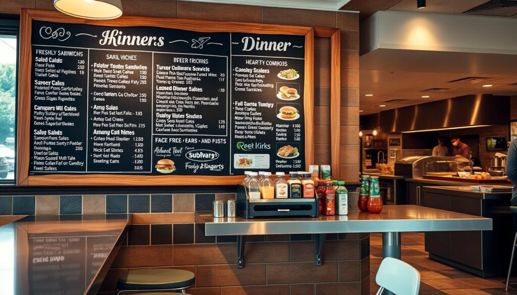 Subway Dinner Menu Selections: A warm, inviting diner-style scene with a rustic chalkboard menu board prominently displayed, showcasing an array of tempting dinner options. The menu features a variety of freshly prepared sandwiches, salads, and hearty combos, all presented in a clean, contemporary design. Soft lighting illuminates the scene, creating a cozy and appetizing atmosphere. In the foreground, a sleek, stainless steel countertop and modern stools invite customers to enjoy their meals. The middle ground features a well-stocked condiment station, with an assortment of fresh toppings and sauces. In the background, a glimpse of the bustling kitchen can be seen, hinting at the culinary expertise behind the Subway dinner menu.