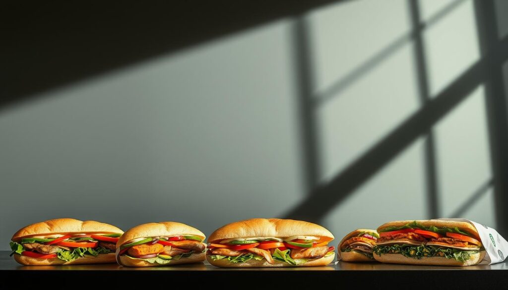 Subway Globally Inspired Menu Series: A vibrant, multicultural array of mouthwatering sandwiches showcased against a sleek, modern backdrop. Crisp lighting illuminates the fresh ingredients and bold flavors, while a minimalist design emphasizes the menu's international flair. Crisp shadows add depth, highlighting the textural contrasts of the breads, vegetables, and proteins. The scene exudes an inviting, cosmopolitan atmosphere, capturing the spirit of Subway's global culinary exploration.