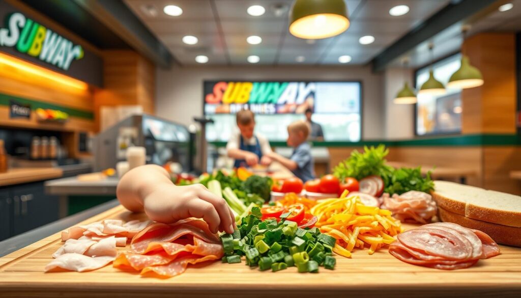 Subway Kids Sub Customization: A vibrant, photorealistic image showcasing a kid-friendly sub sandwich station. In the foreground, an array of colorful, fresh ingredients - sliced meats, crisp veggies, and gooey cheese - are neatly arranged on a wooden cutting board. A child's hand reaches in, personifying the customization experience. The middle ground features a modern, well-lit Subway counter, with a friendly staff member assisting a young customer. In the background, a cheerful, softly-lit Subway dining area invites families to enjoy their custom-made subs. Warm lighting, clean lines, and a welcoming atmosphere create an appetite-whetting scene that captures the joy of Subway's kid-focused menu options.
