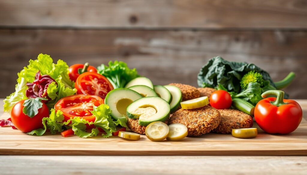 Subway Vegetarian Sandwich Choices: a neatly arranged display of fresh, vibrant vegetables and plant-based protein options on a wooden surface, illuminated by natural, diffused lighting. In the foreground, a selection of crisp lettuce, juicy tomatoes, crunchy cucumbers, and colorful bell peppers. In the middle ground, various meat-free patties, such as spicy veggie or falafel, alongside creamy avocado slices and tangy pickles. The background features a rustic, slightly out-of-focus backdrop, conveying a sense of artisanal craftsmanship and wholesome appeal. The overall composition and color palette evoke a clean, appetizing, and inviting atmosphere, perfectly capturing the essence of "Building the Perfect Veggie Sub".