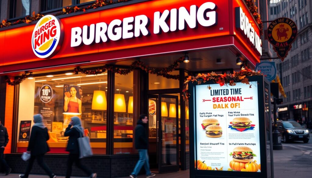 Vibrant and festive Burger King storefront, featuring a seasonal promotion display in the foreground. Warm lighting illuminates the restaurant's exterior, with an autumnal color palette of oranges, reds, and yellows. In the middle ground, a display showcases limited-time menu items, adorned with decorative fall elements like leaves and pumpkins. The background showcases the bustling city street, with pedestrians and passing vehicles adding to the lively atmosphere. The overall scene conveys a sense of excitement and anticipation for Burger King's seasonal offerings.