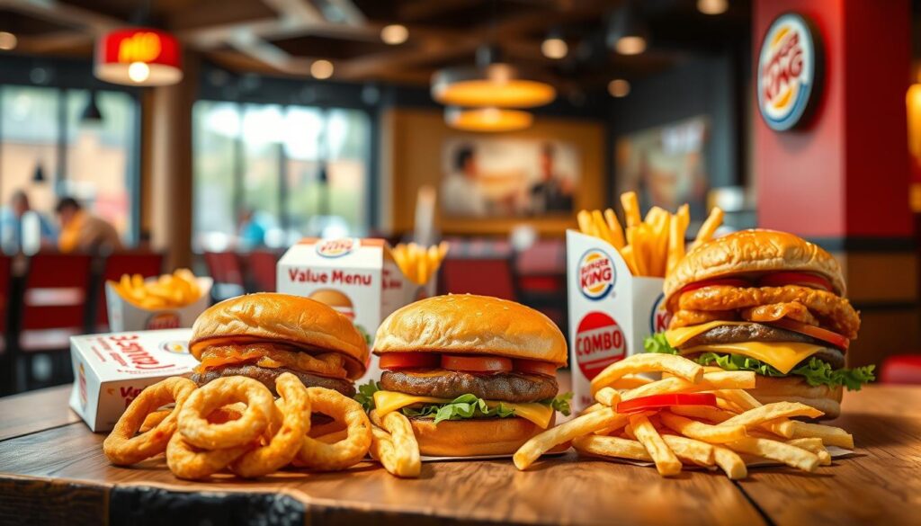 Vibrant, appetizing display of Burger King's affordable dinner options, captured in a warm, inviting atmosphere. In the foreground, a selection of classic Whopper burgers, onion rings, and crispy fries are artfully arranged on a rustic wooden table, illuminated by soft, diffused lighting. In the middle ground, a variety of combo meals, including the popular Value Menu items, are presented in stylish, modern packaging. The background features a blurred, out-of-focus view of a cozy Burger King dining area, with hints of the brand's iconic red and yellow color scheme creating a sense of familiarity and comfort. The overall composition evokes a sense of accessibility, value, and the satisfying flavors of a Burger King dinner.
